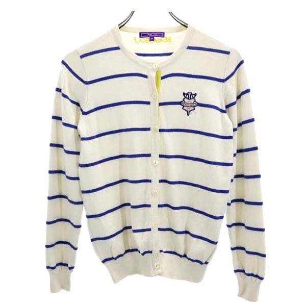 カシミヤブレンド ボーダー柄 ロゴ刺繍 ゴルフ 長袖 ニットカーディガン M ホワイト×ブルー レディース