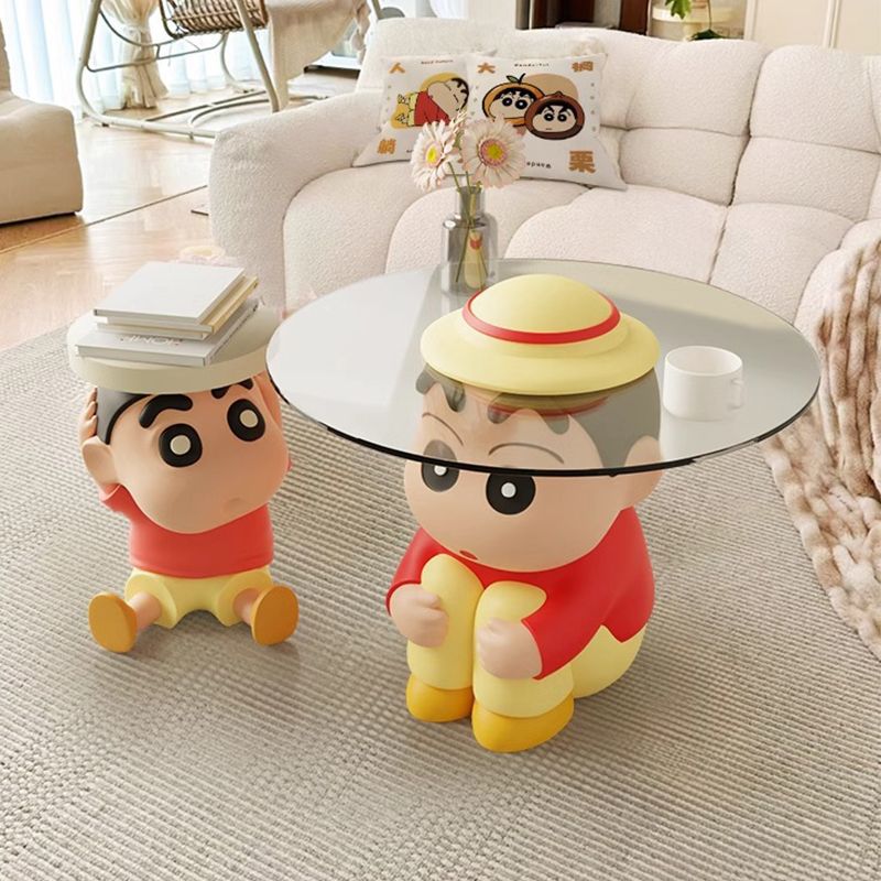 クレヨンしんちゃん クリーム風リビングサイドテーブル コーヒーテーブル テーブルとチェアの組み合わせ 丸ガラス ティーテーブル ソファ スツール ベッドサイド 1011
