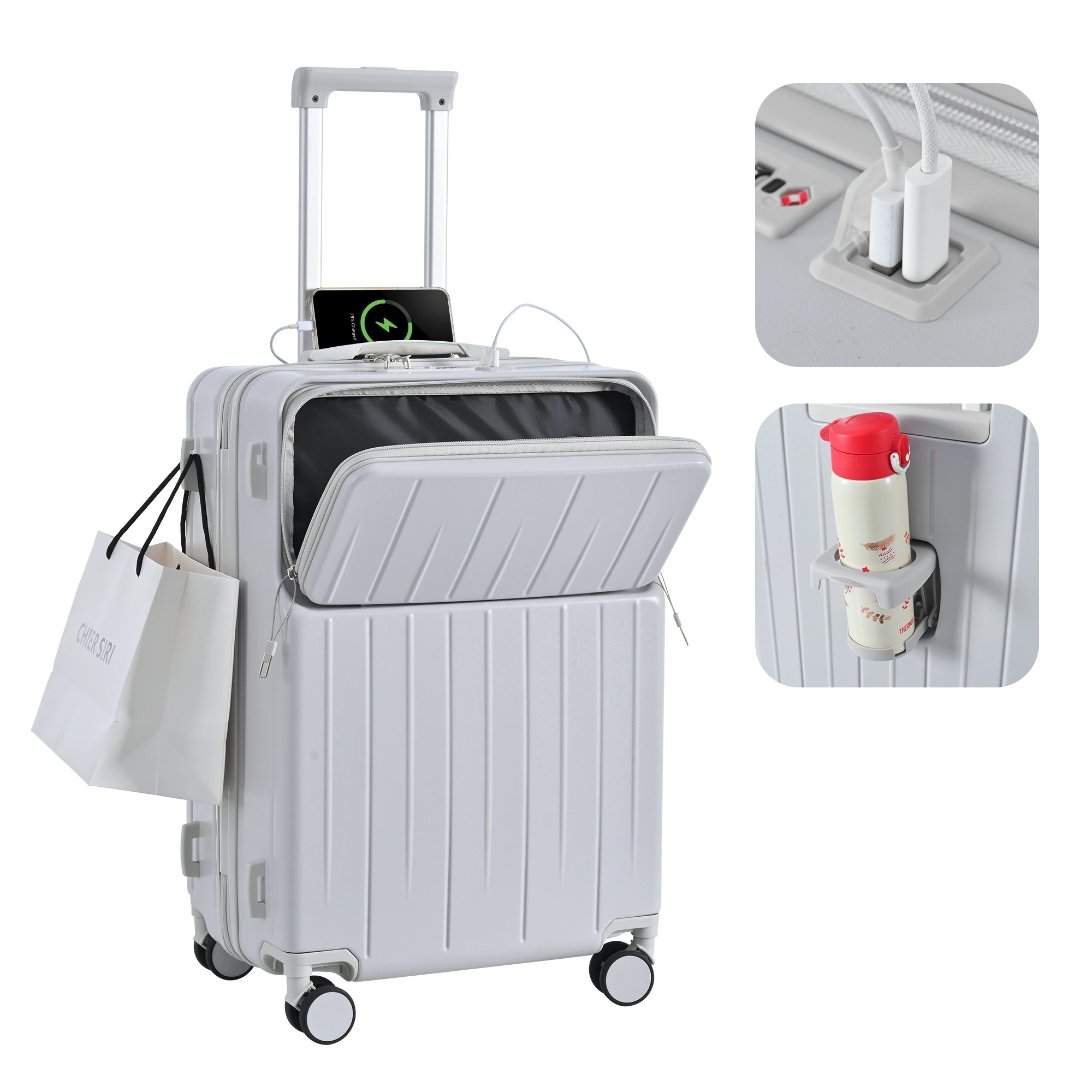 スーツケースmサイズキャリーケース47泊キャリーバッグ前開きUSBType-C充電口カップホルダー付き多機能フロントポケットPC収納360度回転キ