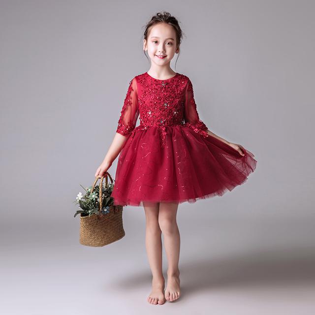 新规入荷続々 4色 子供 ドレス 膝丈 プリンセス フレア 袖あり かわいい おしゃれ キッズドレス ピアノ 発表会 女の子 ドレス 誕生日 結婚式 フォーマル ワンピース 可愛い レース 半袖 刺繍