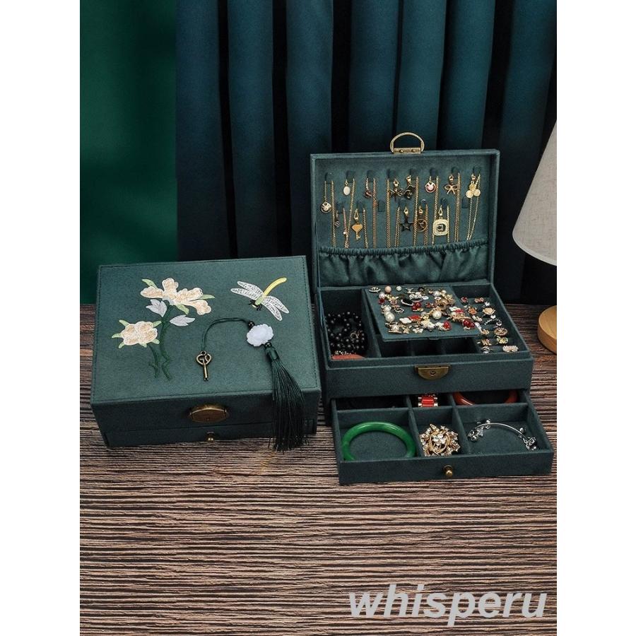 【雑貨新作入荷！】ジュエリー アクセサリー用品 収納ボックス ケース 大容量 スクエア 2段 ボックス ネックレス リング 多機能 花 刺繍 大きめ グリーン レッド 魅力的[18]