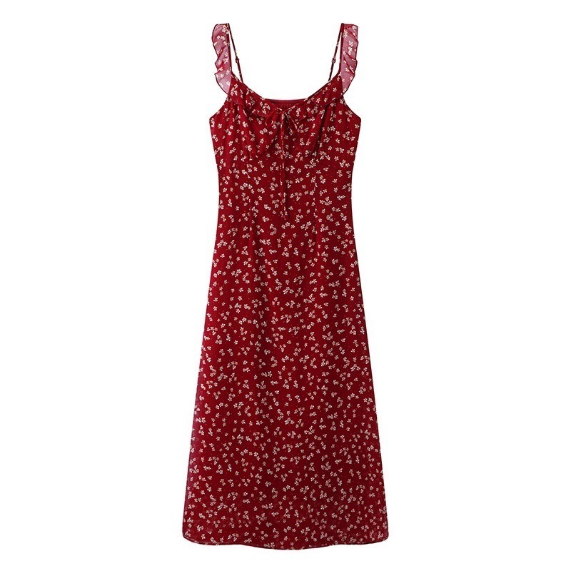 【急速発送】送.料.無.料.赤い小花の女のハスの葉の縁で加工する キャミソールワンピース