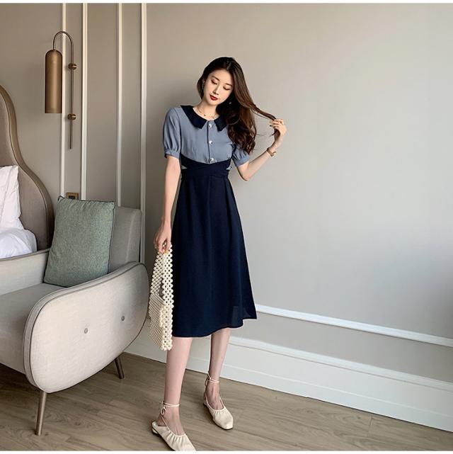 【短納期】韓国ファッション ワンピース ハイウエスト デザインセンス 半袖 レトロ サマー