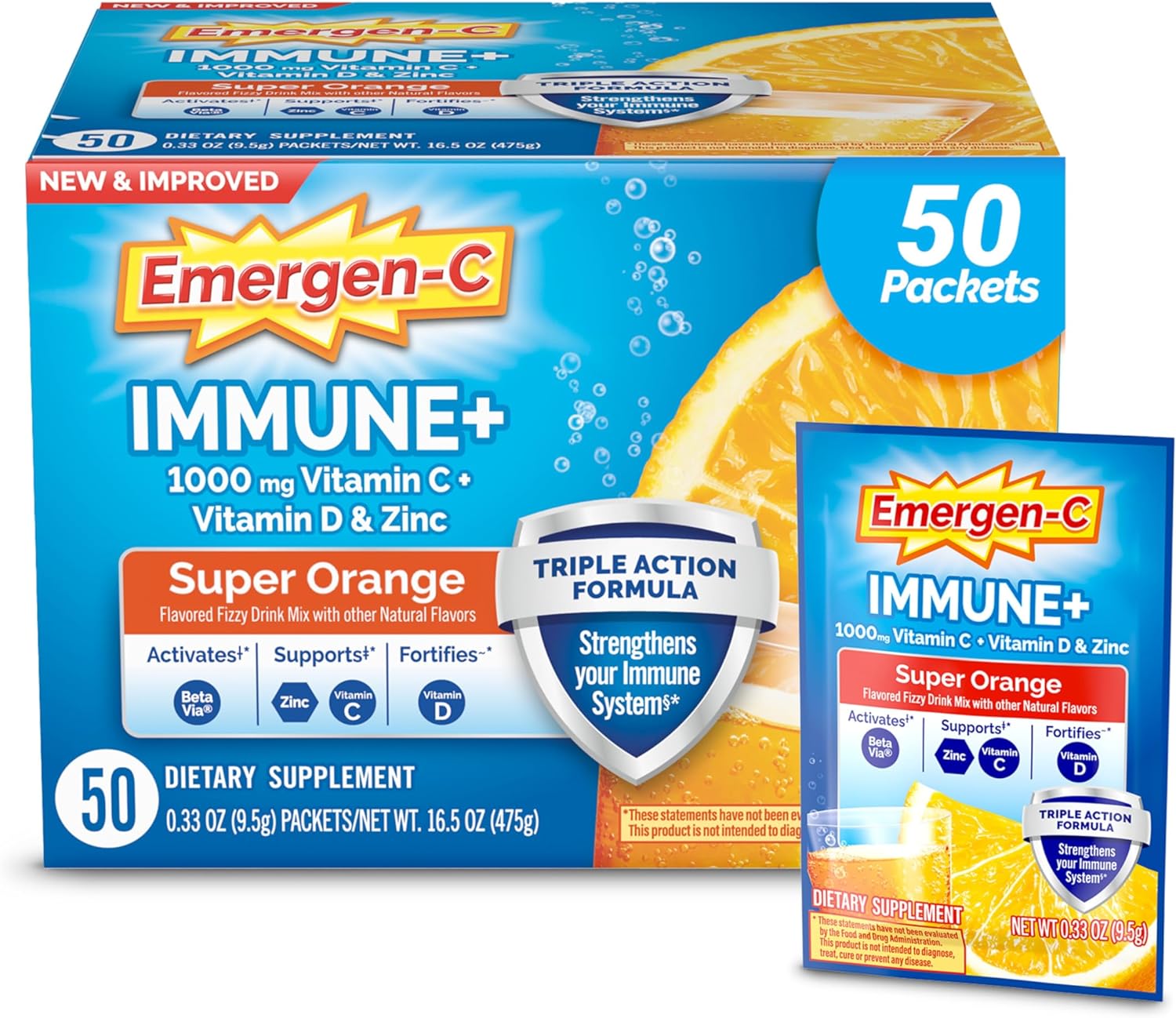 Emergen-C Immune+ トリプル アクション免疫サポート パウダー 1000mg ビタミン Cビタミン Bビタミン D 50包入