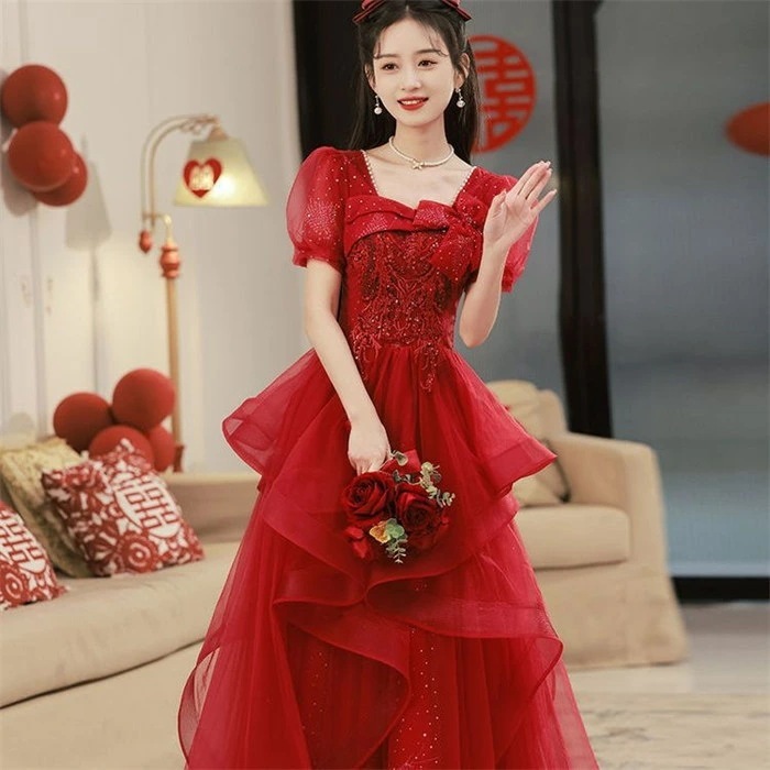 レッド　カラードレス カラーウエディングドレス ロング マキシ丈 ドレス レディース 大人 パーティードレス　半袖　蝶リボン　フリル　Ａライン チュール ボリューム ドレス 二次会 発表会 演奏会