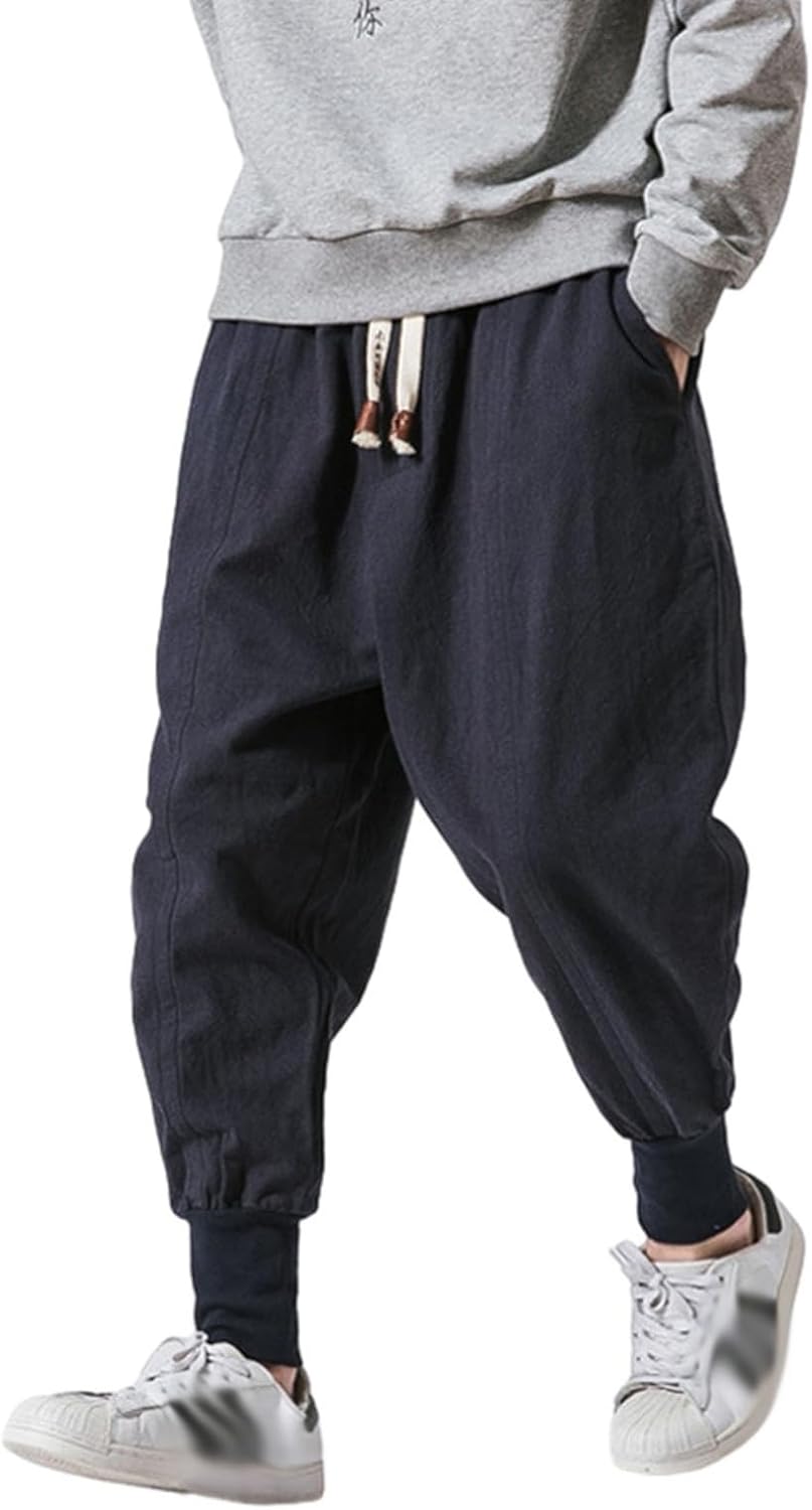 カーゴパンツ メンズ 作業パンツ ワイドパンツ ロングパンツ 綿麻 ウエストゴム紐 ポケット付き リブ裾 ずぼん アンクルパンツ 動きやすい はき心地いい カジュアル 旅行 ストリート系 お兄系 無地