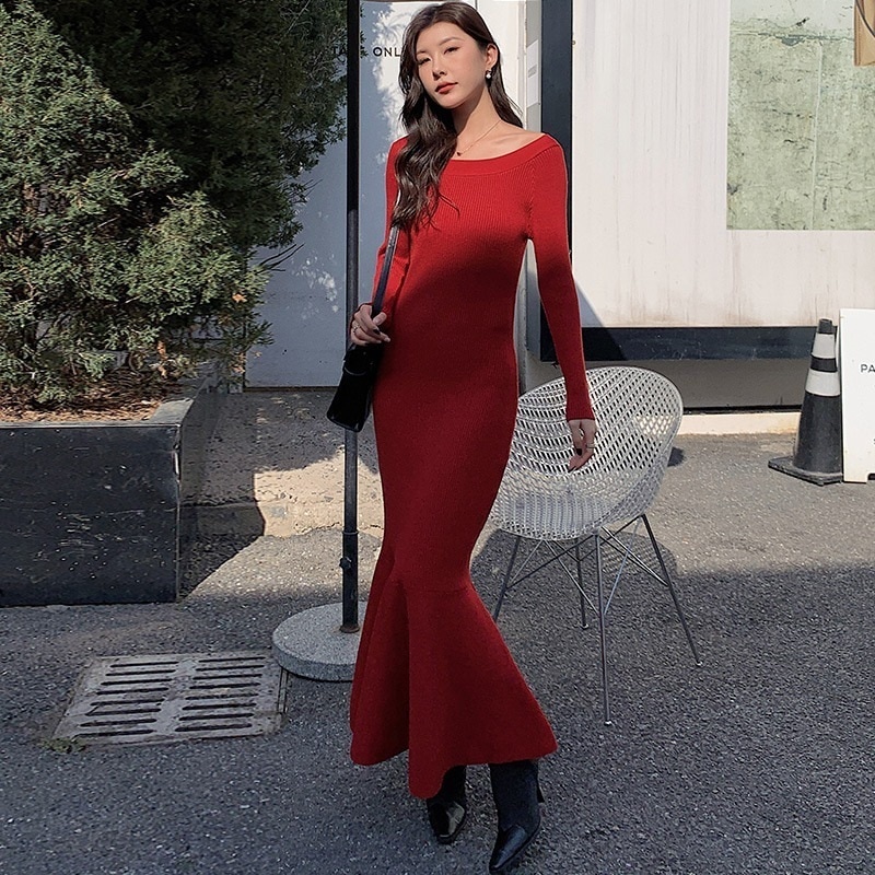 マーメイド ニットワンピース ロングワンピース リブニット オフショル ボートネック 2WAY 韓国 レディース リブニットワンピース リブニット フレア裾 フレア マーメイド