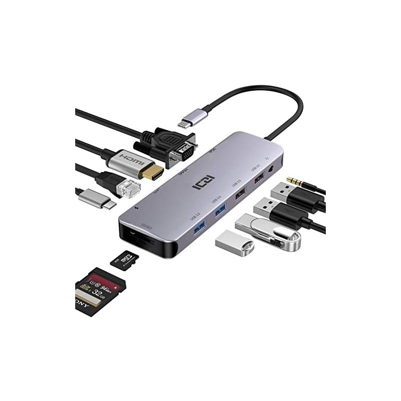 ICZI USB C ハブ 11-in-1, Type C ハブ HDMI 変換アダプタ ドッキングステーション【4k HDMI/VGA/４つ*USB-A/PD 100W/ 1Gbps LAN イーサ