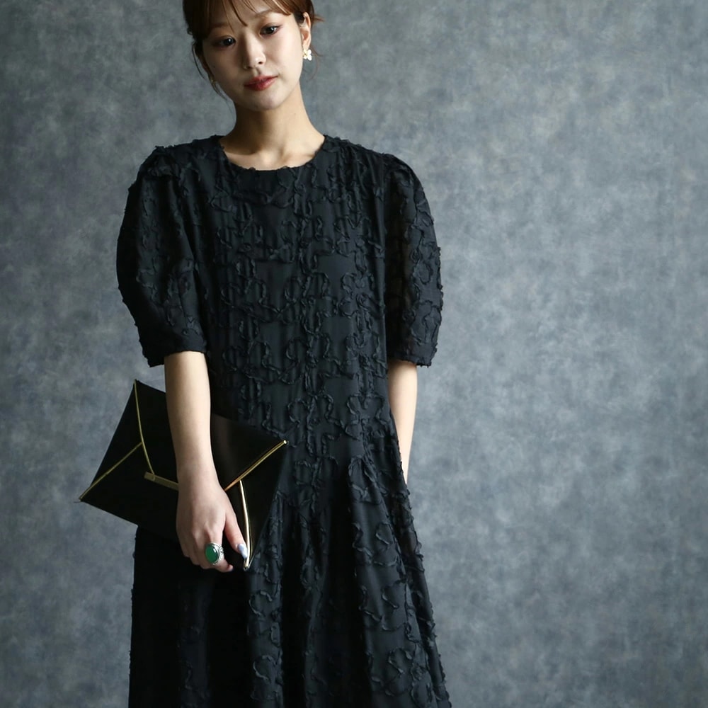 ワンピース 半袖 ゆったり ロング レディース フリンジ刺繍デイリーワンピース ブラック ワンピ 黒 花柄 刺繍 二の腕カバー 体型カバー 送料無料