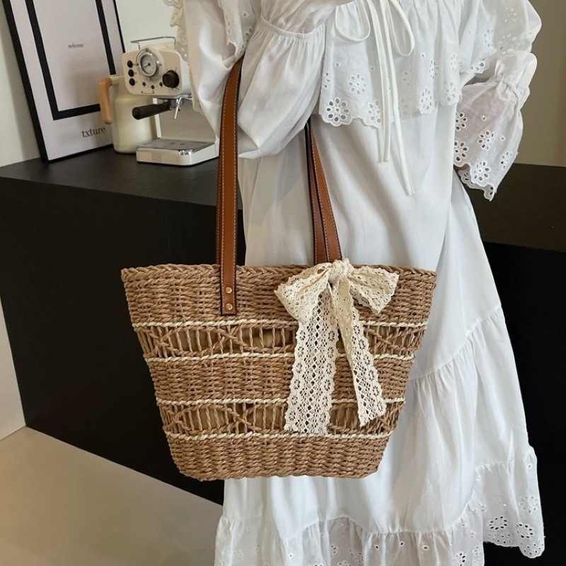 バッグ レディースバッグ 草編みバッグ ショルダーバッグ 肩がけバック 手持ちバッグ かごバッグ 2way 大容量 バケツ型 ファスナー シンプル カジュアル おしゃれ レトロ 存在感 とろみ感
