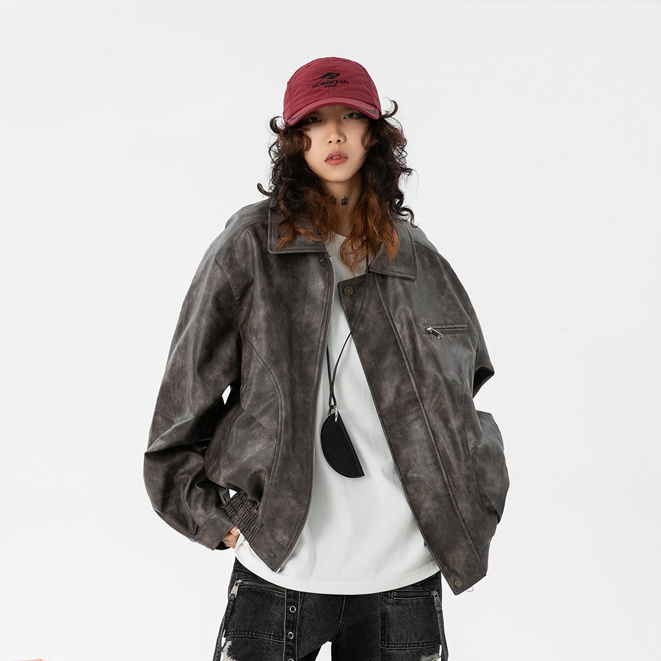 アウター ブルゾン フェイクレザー ジャケット 襟付き タイダイ マニッシュ ジップ オーバーサイズ ドロップショルダー 長袖 大人可愛い お洒落 こなれ感 デイリー 普段使い