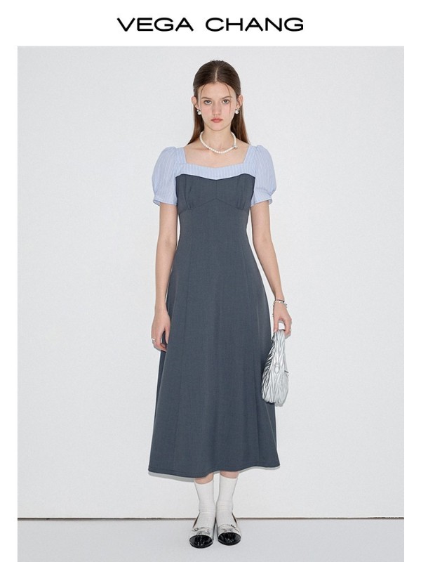 半袖ワンピース レディース 2025年夏新作 フェイクツーピース スクエアカラー カレッジスタイル スプライシング ロングスカート