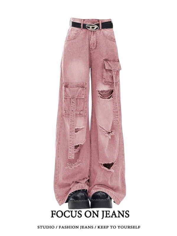2025春夏 デニムパンツ ボトムス ハイウエスト ジーンズ K-POP ストリートファッション系モップ韓国風ファッション練習ジーンズ シルエット加工ゆったりレッグレディースカジュアルジーパン衣装