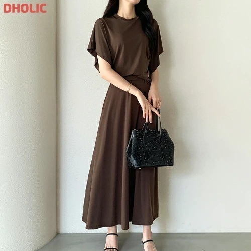 [メガ割りSALE]ベルト付ストレッチソフトドルマンルーズウエストゴム半袖ラウンドネックセットアップスカートTシャツ