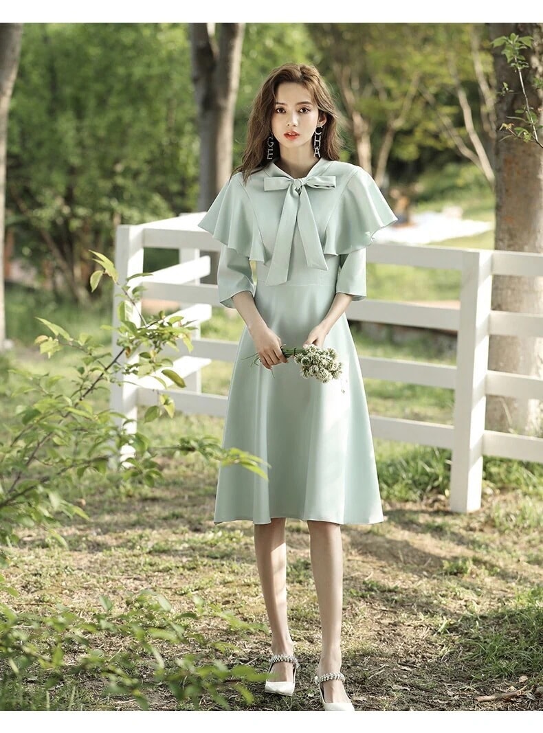 ワンピース ワンピドレス 膝丈 ひざ丈 l 半袖 5分袖 五分袖 Aライン リボン ハイウエスト 薄手 かわいい 大人可愛い きれいめ シンプル 上品 おしゃれ お洒落 レトロ ガーリー 存在感