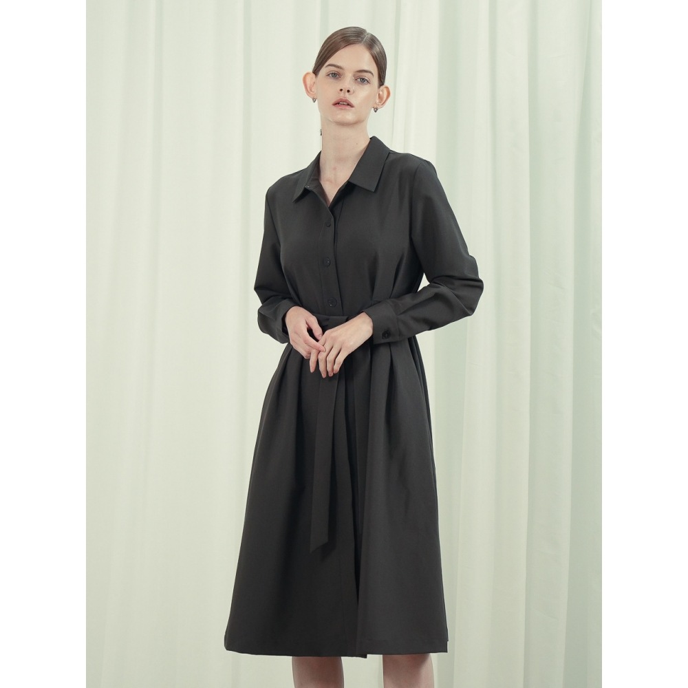 ACUD ピンタック ディテール ベルト付き シャツ ドレス カーキ