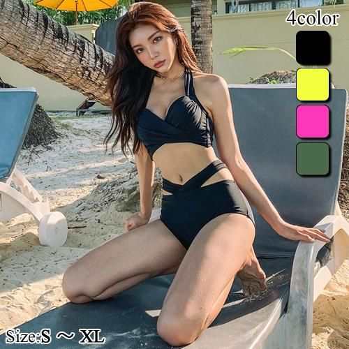 【グラシア】 水着 レディース ビーチウェア スイムウェア 流行 海 プール ハイウエスト ビキニ ホルターネック リボン 華奢 ブラック グリーン ピンク S M L XL ビキニ