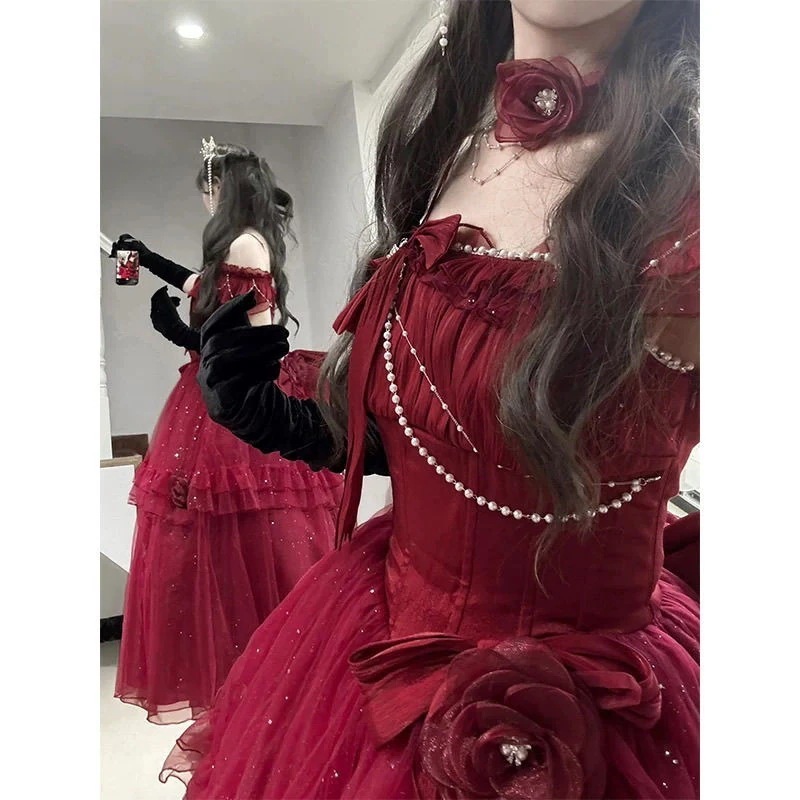 エレガントな燃える赤いウェディングドレスロリータドレスレディースドレスロリータバースデーアダルトガウンワンピースドレスドレス 6,881円