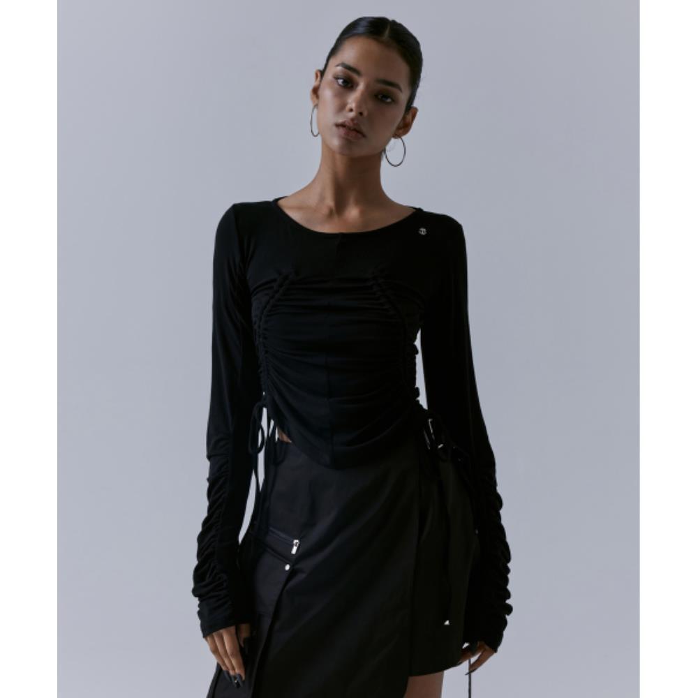 TREEMINGBIRD Multi String Shirring Long Sleeve Black T