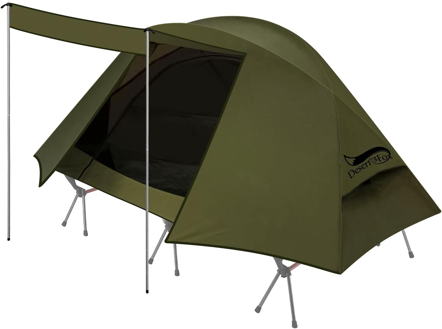 DesertFoxテント コット用 テント 1人用 ソロ 4000mm耐水圧 前室あり キャンプ コンパクト 軽量 3 WAY タイプ 撥水加工素材 自立式 二重層構造 4シーズン 簡単設営