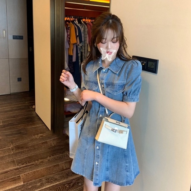ワンピース デニムワンピース ミニ丈 ショート丈 袖あり 半袖 パフスリーブ スタンドカラー フレア Aライン ポケット 前開き デニム かわいい 大人可愛い シンプル カジュアル おしゃれ レトロ