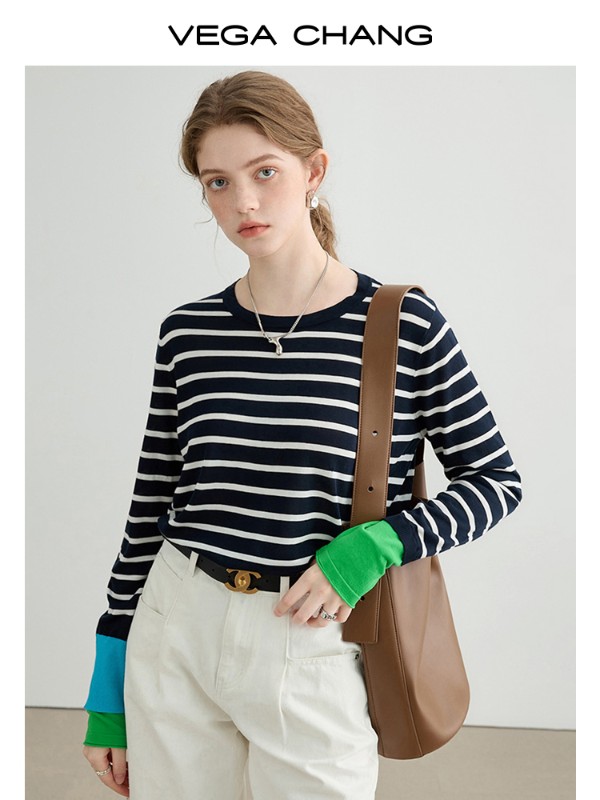 [コットン+アセテート] ストライプTシャツ レディース 2025 秋冬 ゆったり スリム ラウンドネック 長袖 トップス