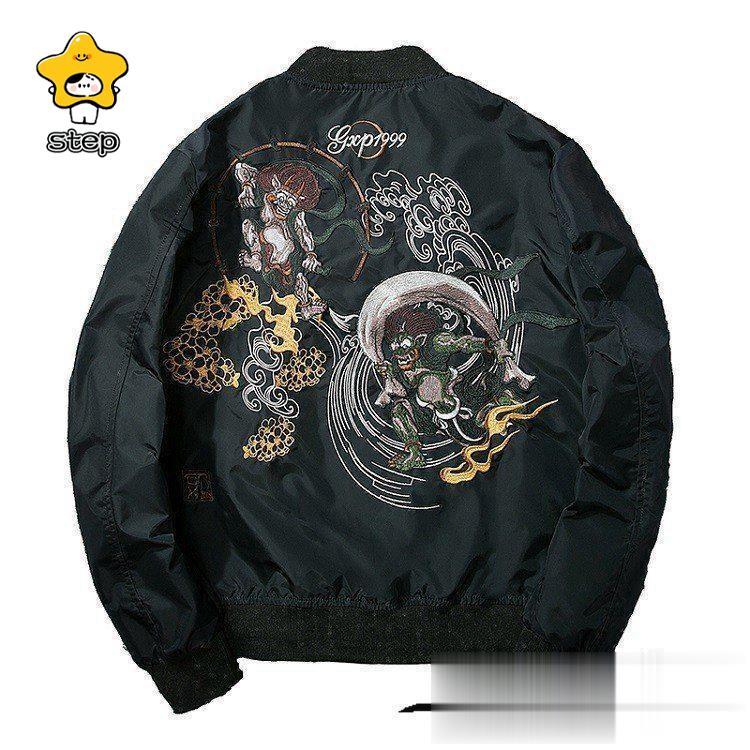 スン 長袖 メンズジャケット MA- 刺繍 ミリタ カジュアル 風神雷神 横須賀風 バイク　黒　秋冬物 ポイント消化