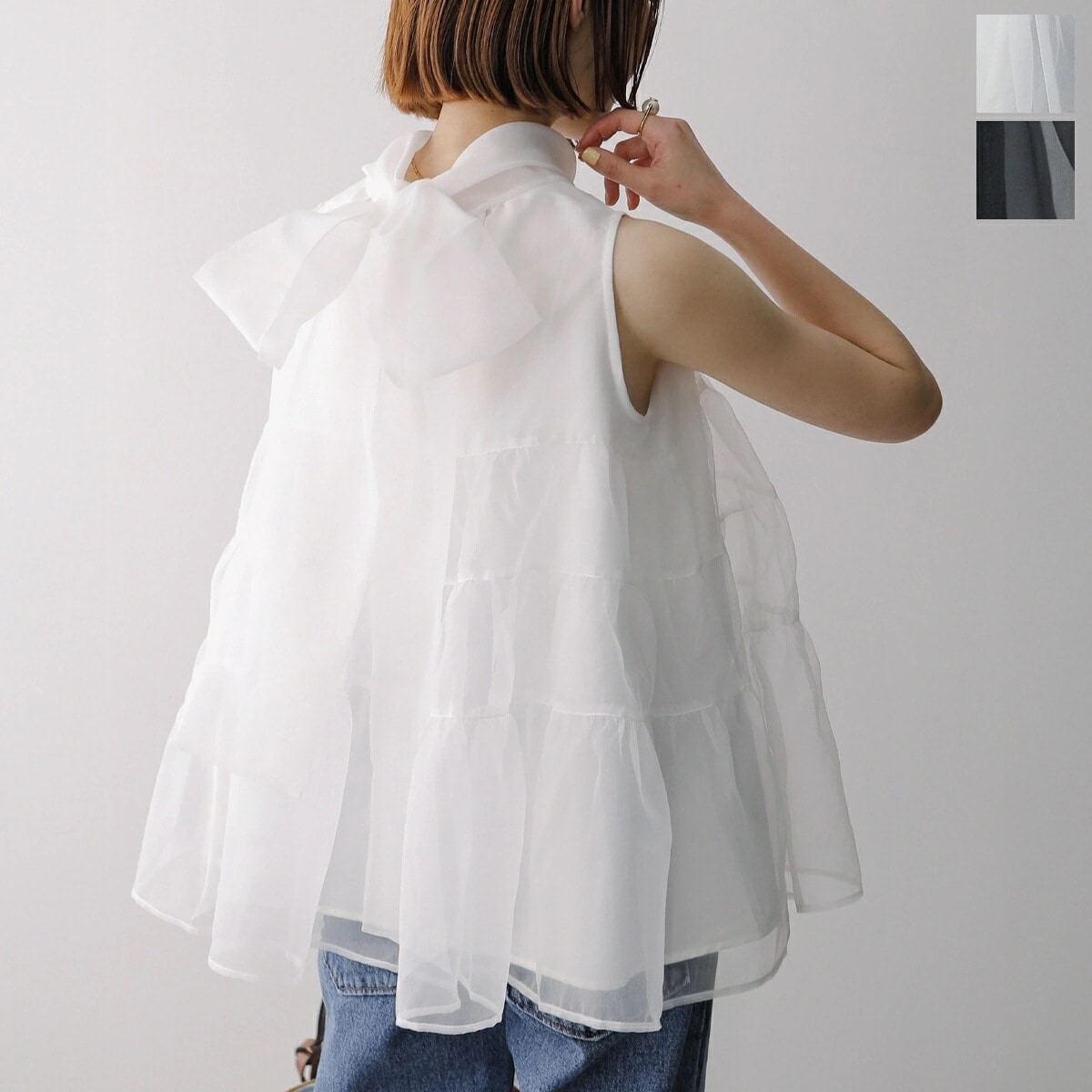 PICCIN ピッチン ティンカーブラウス 906190 レディース シャツ シアー ノースリーブ バックリボン ハイネック カラー2色 【mega】