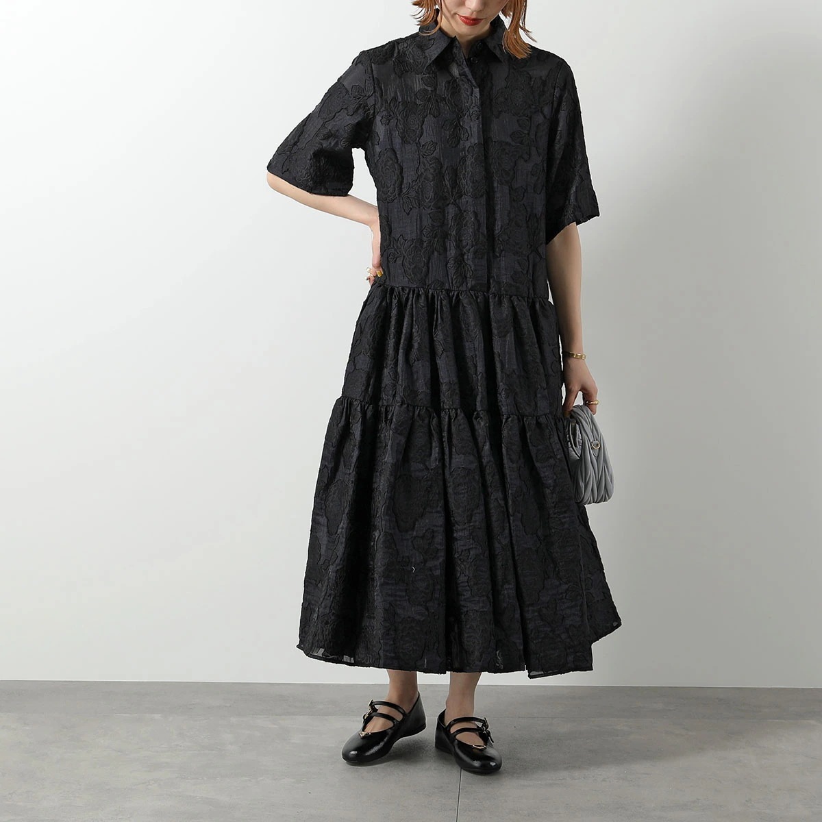 MEIMEIJ メイメイジェイ ティアードワンピース M5PBB1 レディース 半袖 ジャガード 花柄 フラワー ロング丈 フレア インナー付き 100 【mega】