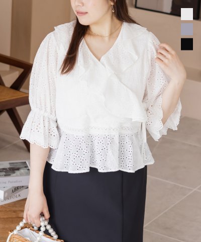 大きいサイズ レディース LL 3L 4L XL XXL XXXL CLETTEオリジナルアイレットレースカシュクールブラウス