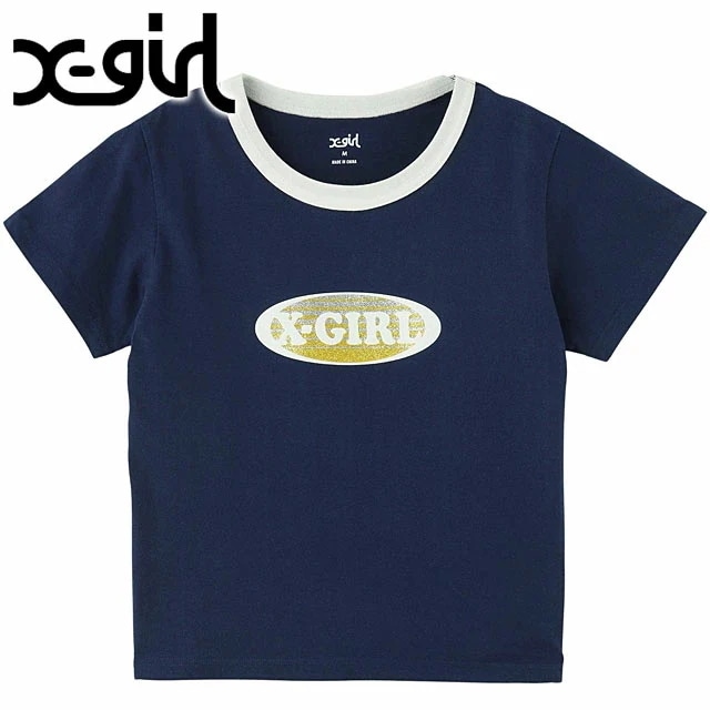 メール便 グラデーショングリッターオーバルロゴ ショートスリーブベビーTシャツ [105252011012] レディース トップス 半袖 xgirl NAVY ネイビー 紺 正規取扱店