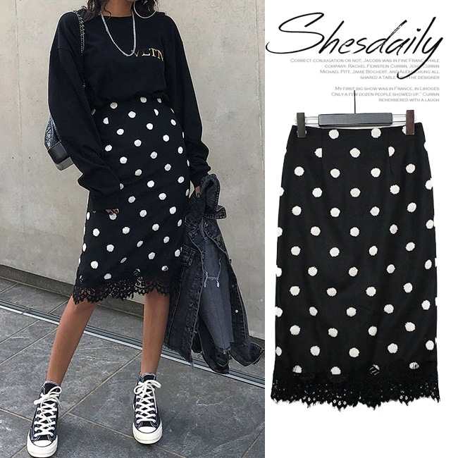 4年保証 ストレートスカート 韓国ファッション オルチャンファッション ドット柄 レディース オルチャン Su14 レースポイント S M その他 スカート カラー ブラック Build Standishsmiles Com