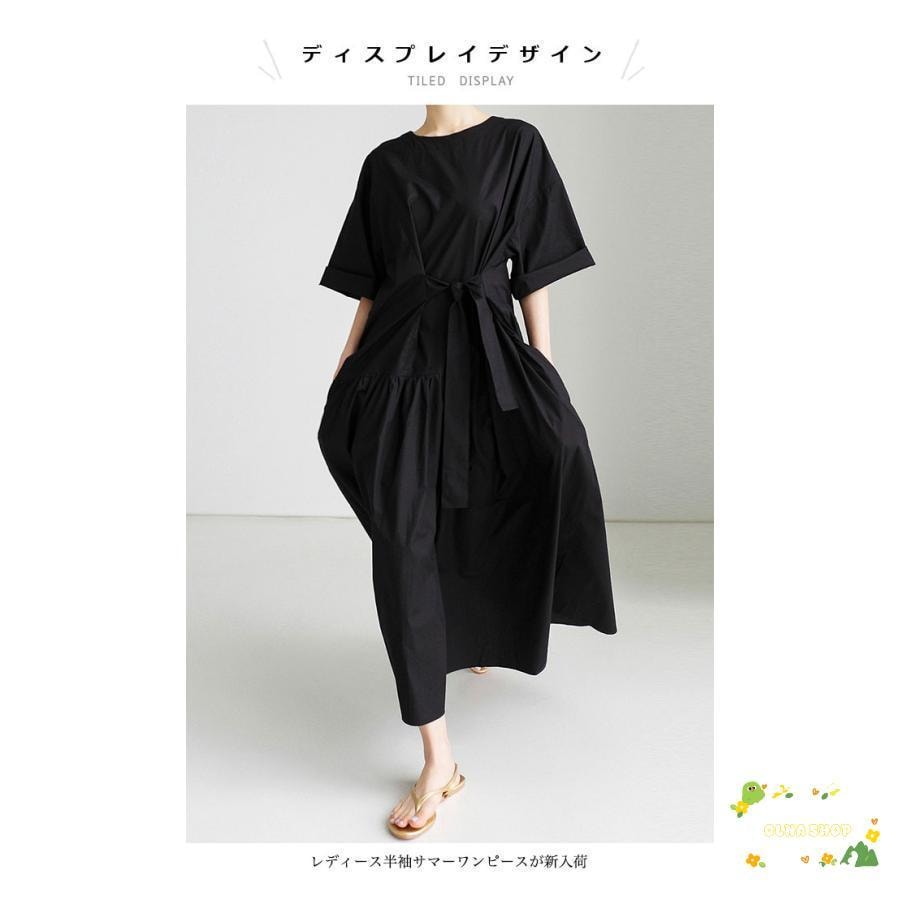 ワンピース 夏 マキシ丈 レディース 半袖ワンピース レトロ マキシワンピース 体型カバー Aラインワンピース 腰ベルト付き 5分丈袖 無地