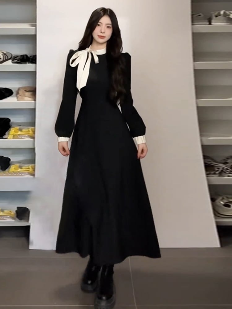秋ヘップバーンスタイル黒の長袖ドレス子供2023新しいフランスのシニアドレープ気質ロングドレス