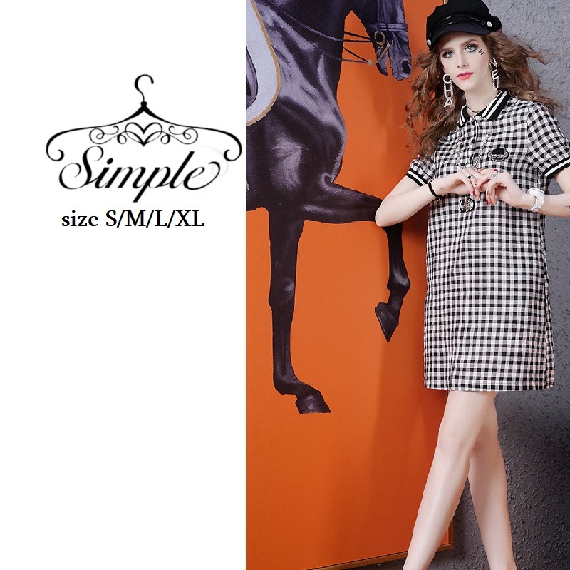 レディース ワンピース ミッドスカート ミドルウエスト チェック柄 ヨーロッパ ドレス 女性 半袖 夏 ポロ襟 4556