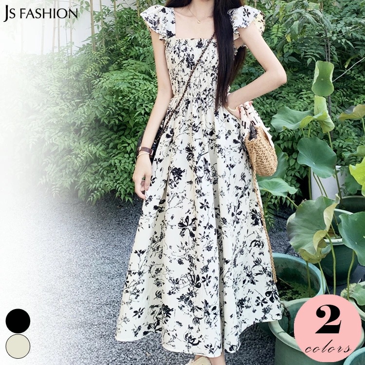 花柄 ワンピース 胸元 シャーリング ワンピース マキシワンピ 全2色 肩フリル ノースリーブ ロング丈 ロングワンピ ウエストゴム Aラインワンピ 花柄 おしゃれ きれいめ キャミワンピ フェミニ