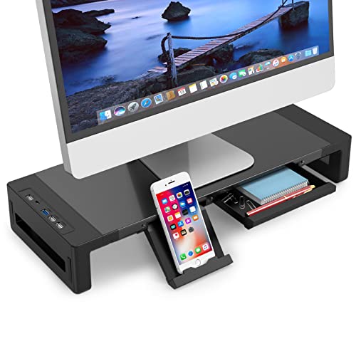 EAYHM モニター台 USB2.0/3.0 机上台 USB/TYPE-C充電付き PCスタンド スチール製 耐荷重30kg ノートパソコン/プリンター/iMac/タブレットパソコンに適用 引き出しと
