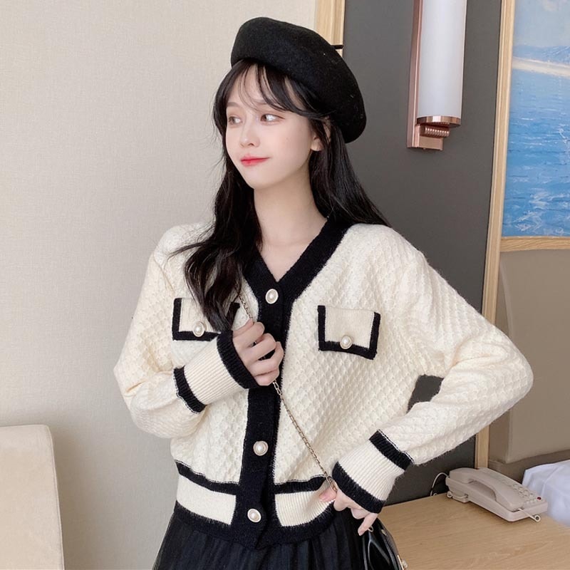 カーディガン レディース トップス アウター 袖あり 長袖 Vネック 前開き ニット パール ボタン エレガント 上品 オフィス 通勤 デート イベント バイカラー レトロ フリーサイズ 秋 冬