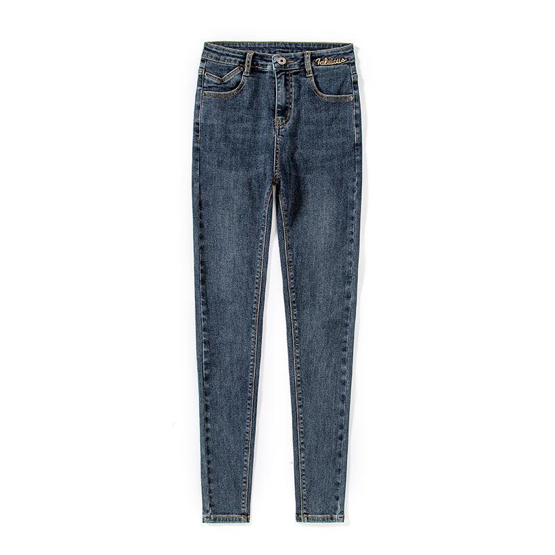 デニム パンツ ボトムス レディース 暖かい ジーンズ 九分丈 秋冬 韓国 刺繍 ハイウエスト スリムフィット スキニー ロング 青