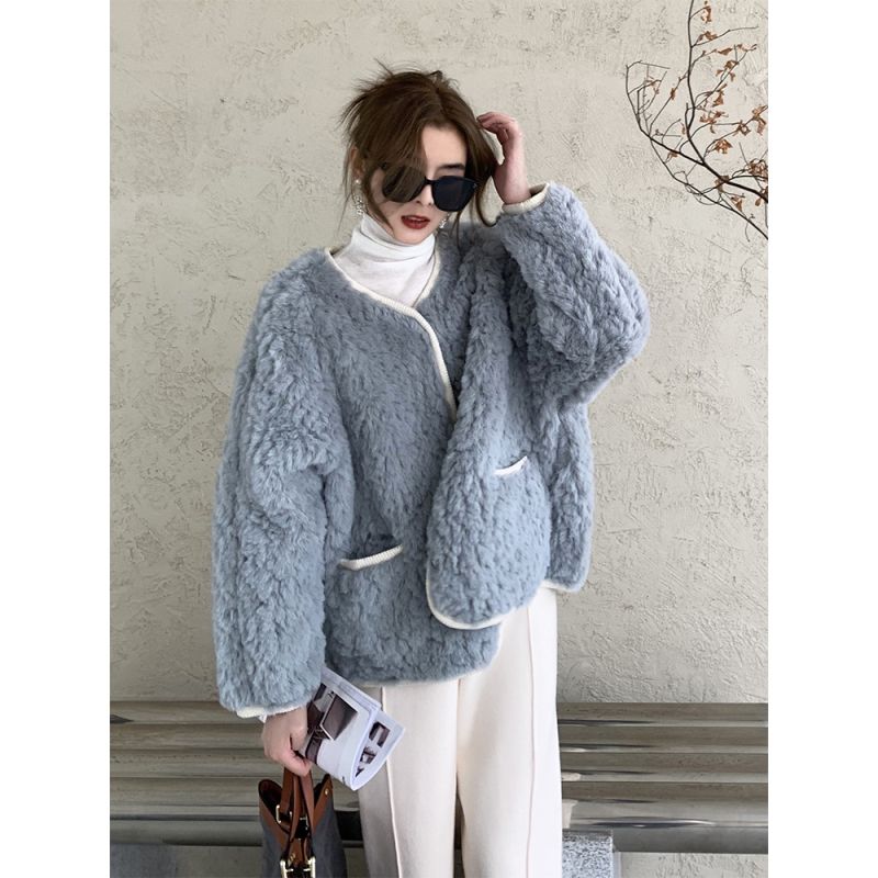 チェスターコート アウター 韓国ファッション ヘイズブルー ラムズウール アウター レディース 毛皮一体型 ショート トップス