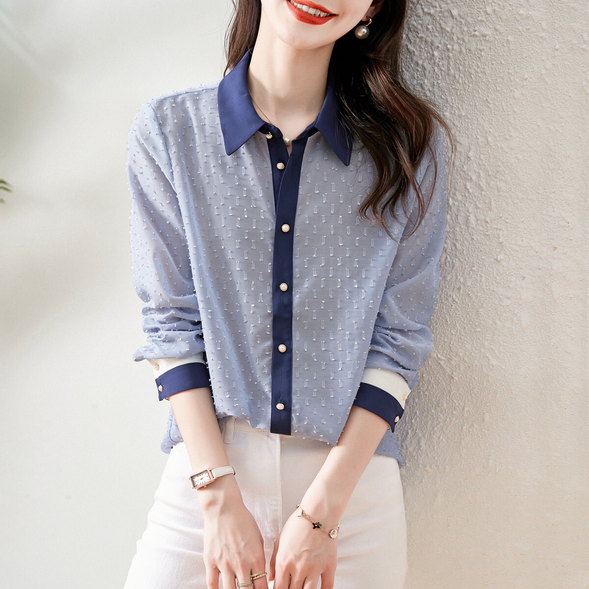 シフォンシャツ トップス シャツ ブラウス シンプル ブルー 青 レギュラー丈 袖あり 長袖