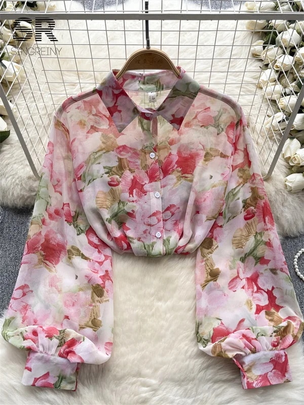 納期21日:Sing補強-女性の花柄シフォンブラウスランタンスリーブラペル薄い高品質ラディーズのカジュアルルーズシャツサマーファッション2024