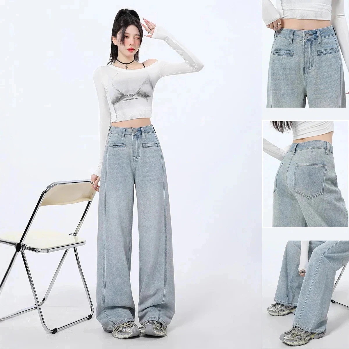 ジーンズ 25 新作 ブルー ワイドデニムパンツ ハイウエスト ストリート お洒落 ゆったり デザイン性 ストレートパンツ カジュアル レトロ