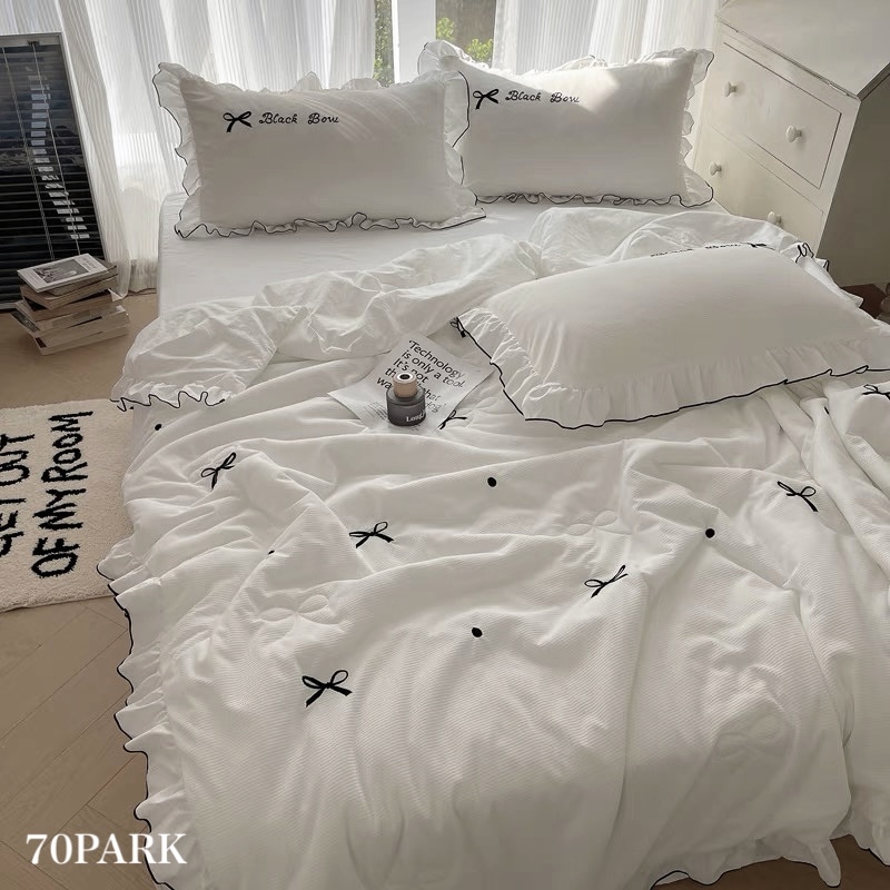 リボン フリル ワッフル 布団カバーセット 全2種 ベッドカバー シングル ダブル 可愛い ベッドシーツ セット ベッドリネン おしゃれ 韓国 韓国インテリア 韓国雑貨 韓国っぽ インテリア雑貨 8,184円