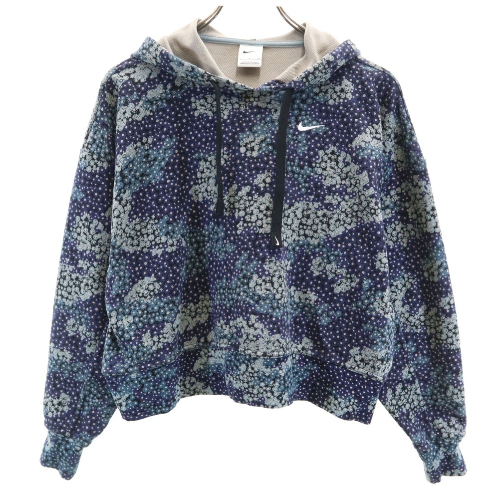 総柄 長袖 スウェットパーカー S ネイビー レディース 古着