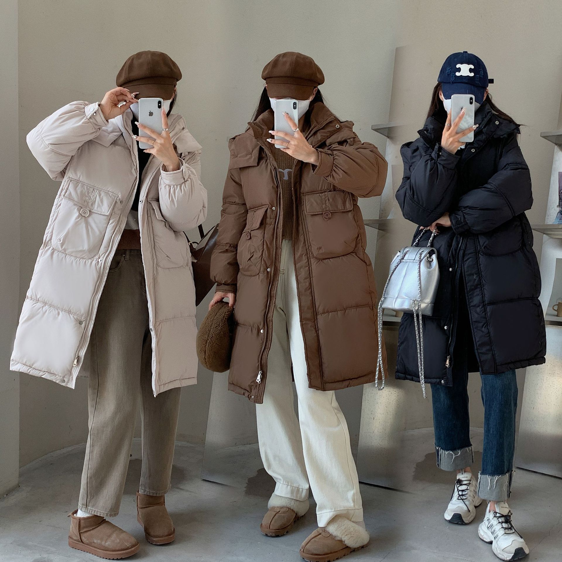 女性のためのミッドレングスダウンジャケット 2024 新しい冬ルーズ韓国スタイルの大きなポケットブレッドコートと女性のための綿のジャケットトレンディな
