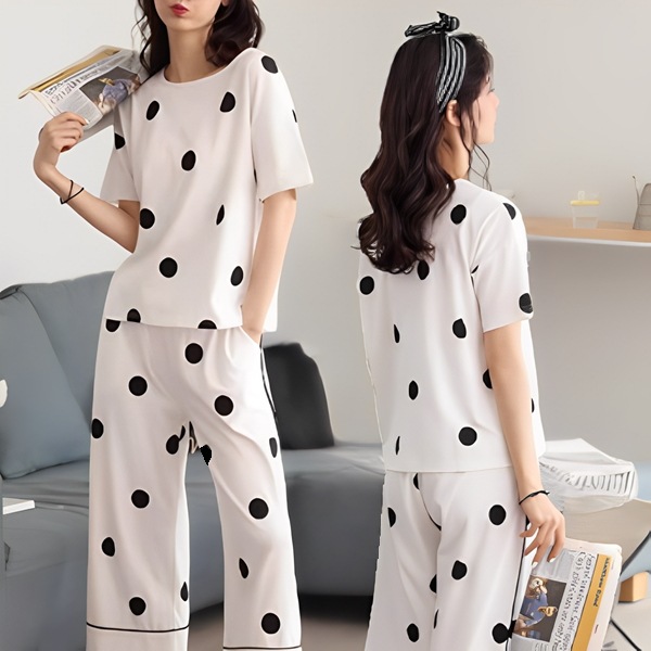 水玉柄パジャマ二点セット 上下セット レディース トップス パンツ ボトムス ルームウェア パジャマ 部屋着 セットアップ ミドル丈 半袖 ラウンドネック 襟なし ノーカラー ストレート 綿 コットン