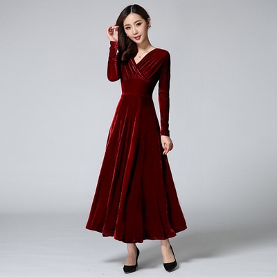 ベロアワンピース ワンピース フレアワンピース ワンピドレス ロング ロング丈 袖あり 長袖 Vネック フレア Aライン ウエストマーク ハイウエスト かわいい 大人可愛い きれいめ シンプル