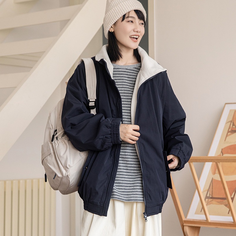 黄正自家製ポーラーフリースコットンジャケット冬用女性用新スタイル日本製ルーズラグランスリーブジッパーウォームトップ