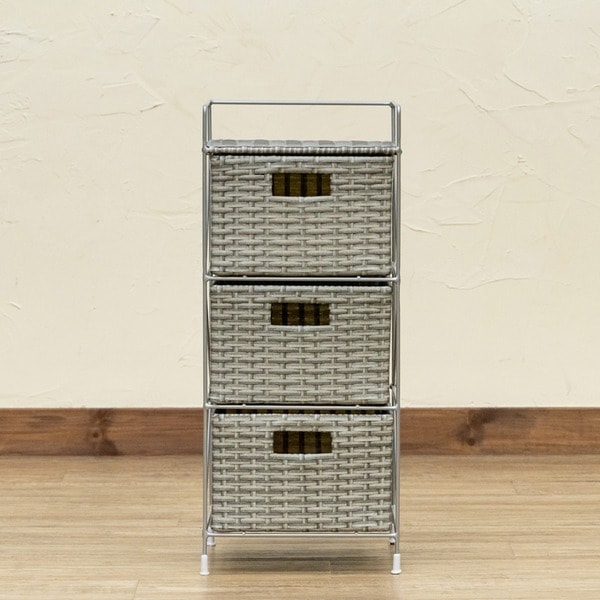 収納ラック チェスト 3段 幅25.5cm グレー スチール ゴム脚キャップ付 人工ラタン ラタン調 リビング ベッドルーム 完成品 7,951円